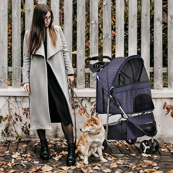 MoNiBloom 3 Wheels Pet Dog Cat Stroller for Small Medium Dogs Cats, Lightweight Foldable Jogger Stroller w/Storage Basket and Cup Holder, Plaid