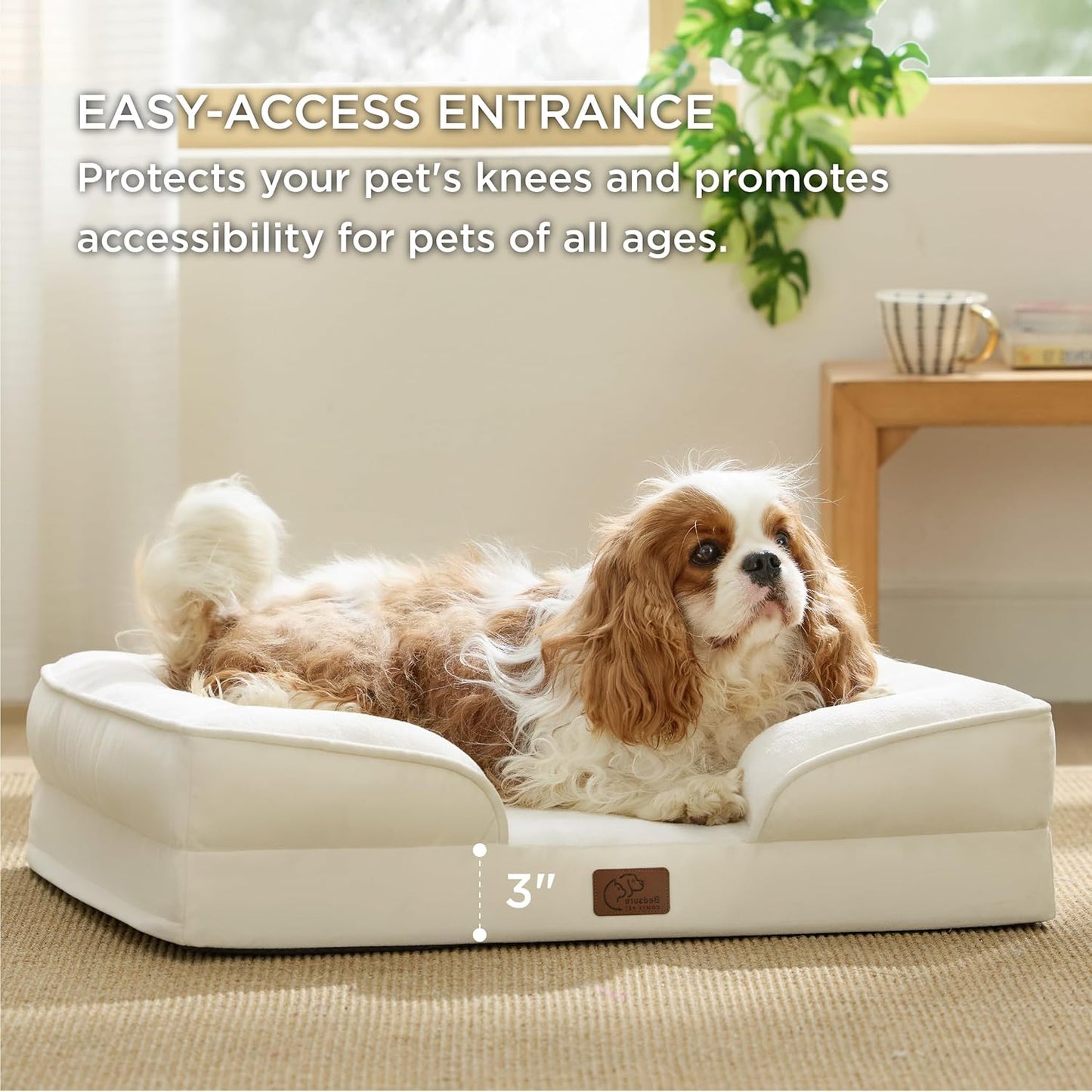 Bedsure Orthopedic Dog Bed Medium Size Dogs - Washable Medium Dog Cat Bed Waterproof, Comfort Pet Couch Sofa with Washable Removable Cover, Pets Bed with Nonskid Bottom, Ivory, 28"