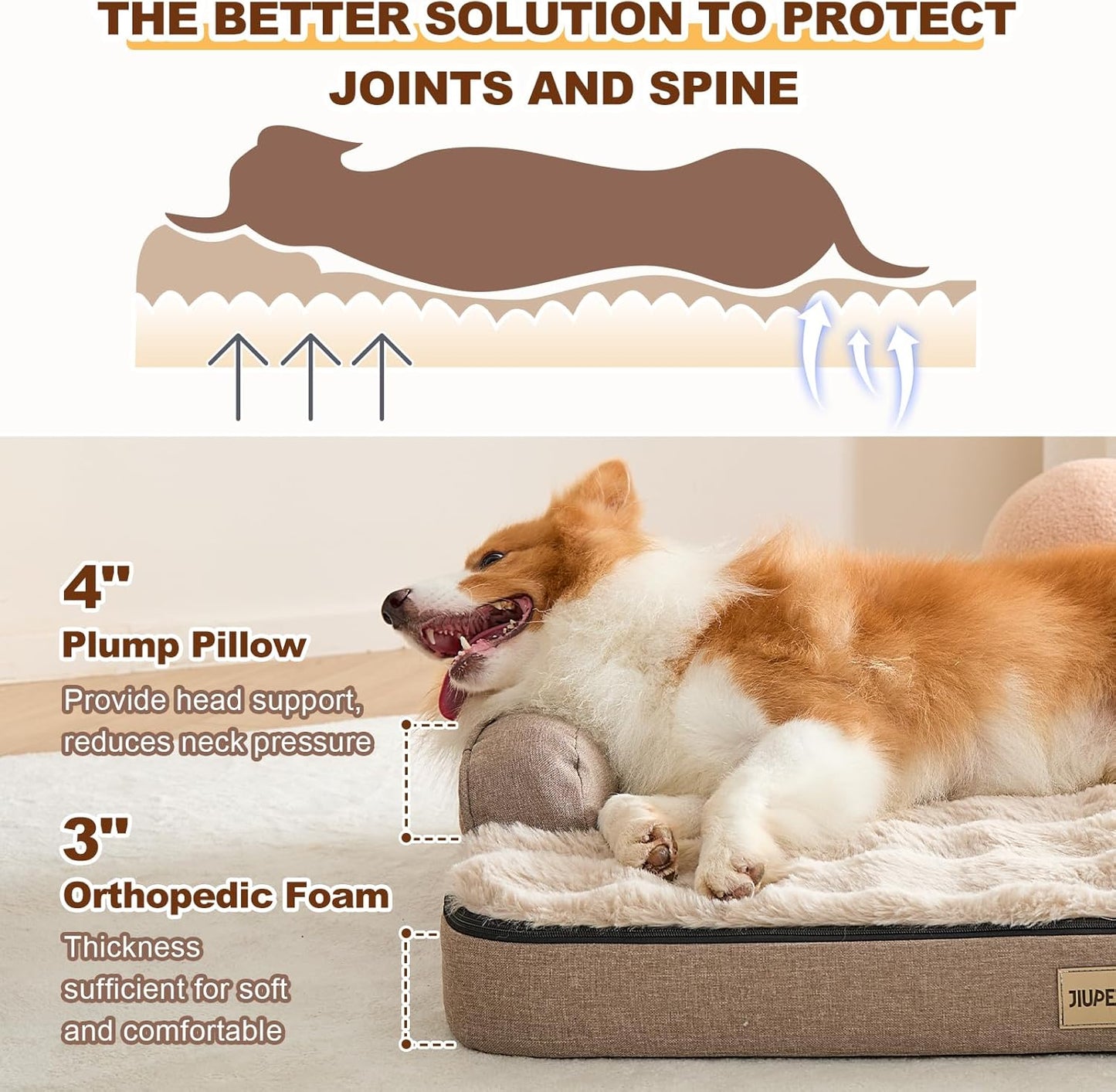 Jiupety Orthopedic Dog Bed for Large Dogs, Egg-Crate Foam Pet Couch Bed, Washable Pet Sofa with Removable Cover, Waterproof Lining and Anti-Slip Bottom, Brown, 35"x25"x7"