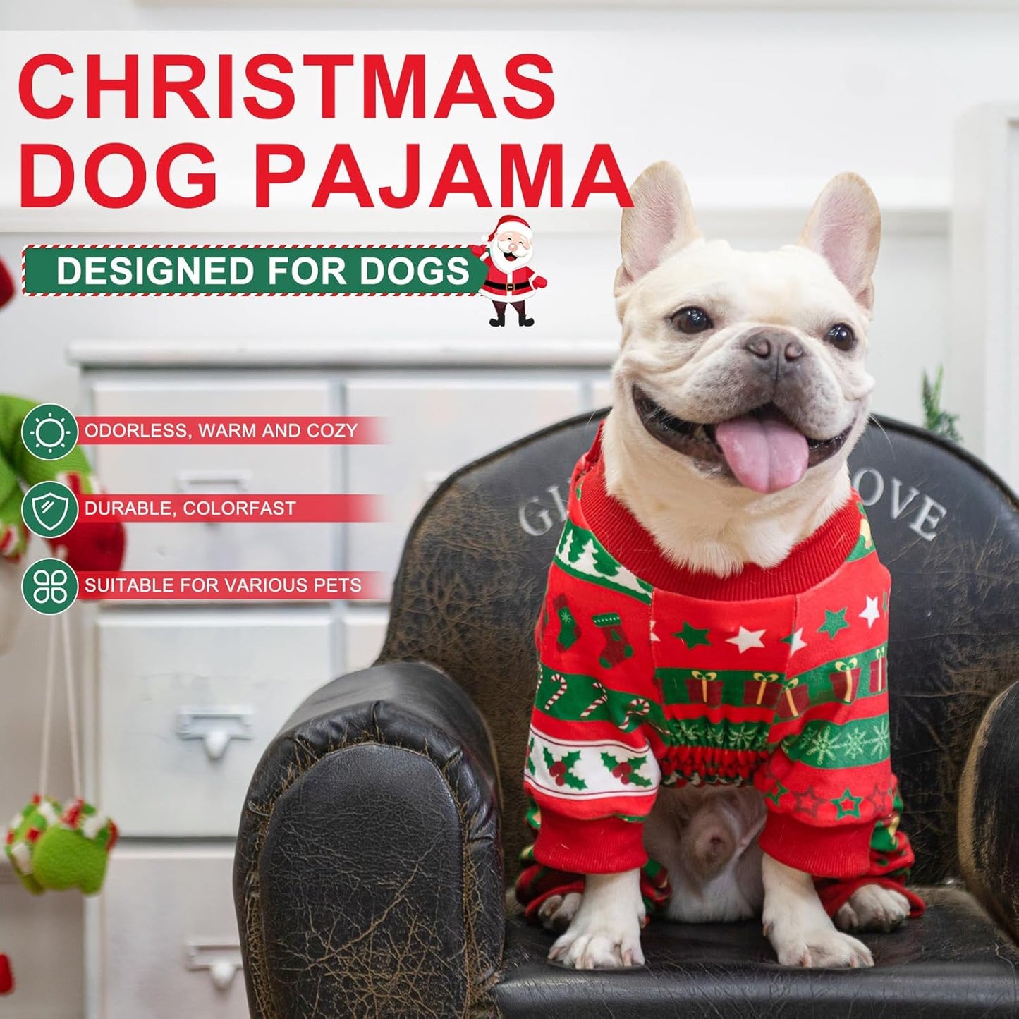 BEA Christmas Dog Pajamas for Small Dogs, Soft Fleece Pet Sweater Clothes Warm Puppy Onesie Outfits for Doggie Winter Christmas - Collar Adjustable Dog Pjs Jammies, Red S