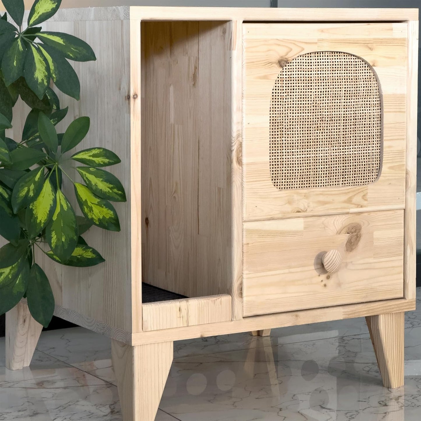 Cat Litter Box | Hidden Litter Box Furniture with Removable Divider | Wooden Cat Washroom Furniture | Indoor Cats House (Natural)