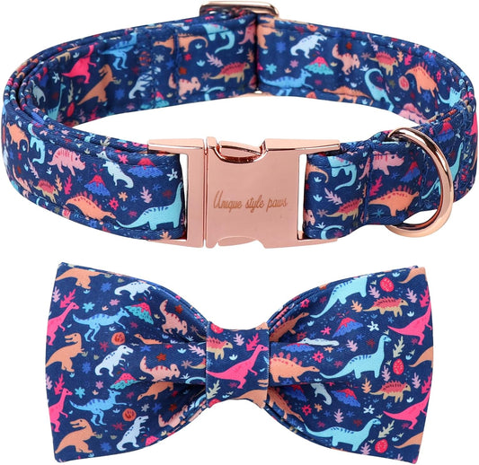 Unique style paws Cartoon Dog Collar with Bow Spring Summer Collar with Flower Dinosaur Park for Small Medium Large Boys Girls Dogs