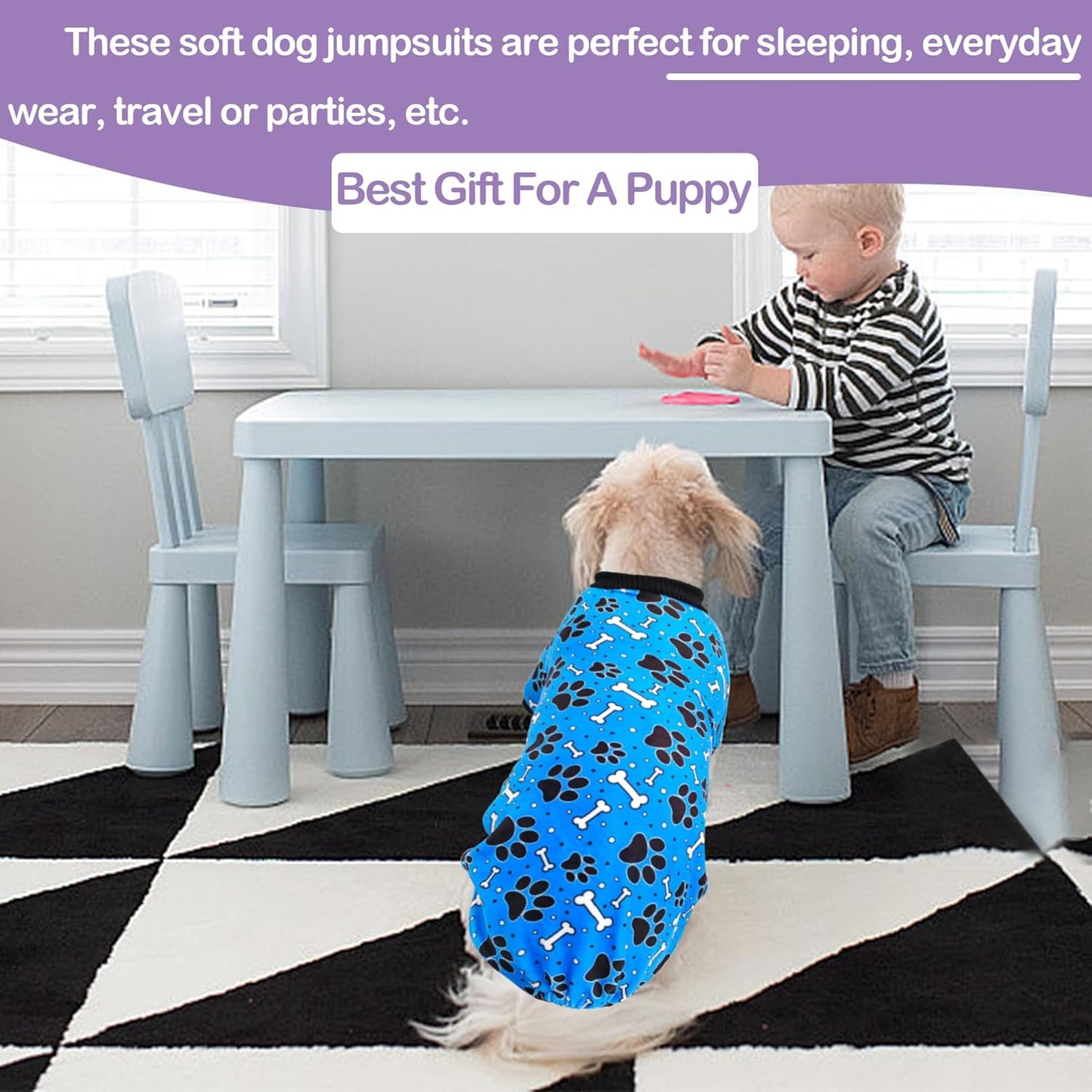 PET SHOW 4 Pack Small Dog Pajamas Paw Bone Patterns Cute Clothes for Medium Dogs Soft Fleece Stretchy PJs 4 Legged Jumpsuit Puppy Cats Onesies Outfits with Sleeve Dachshund Doggies Girl Boy (Large)