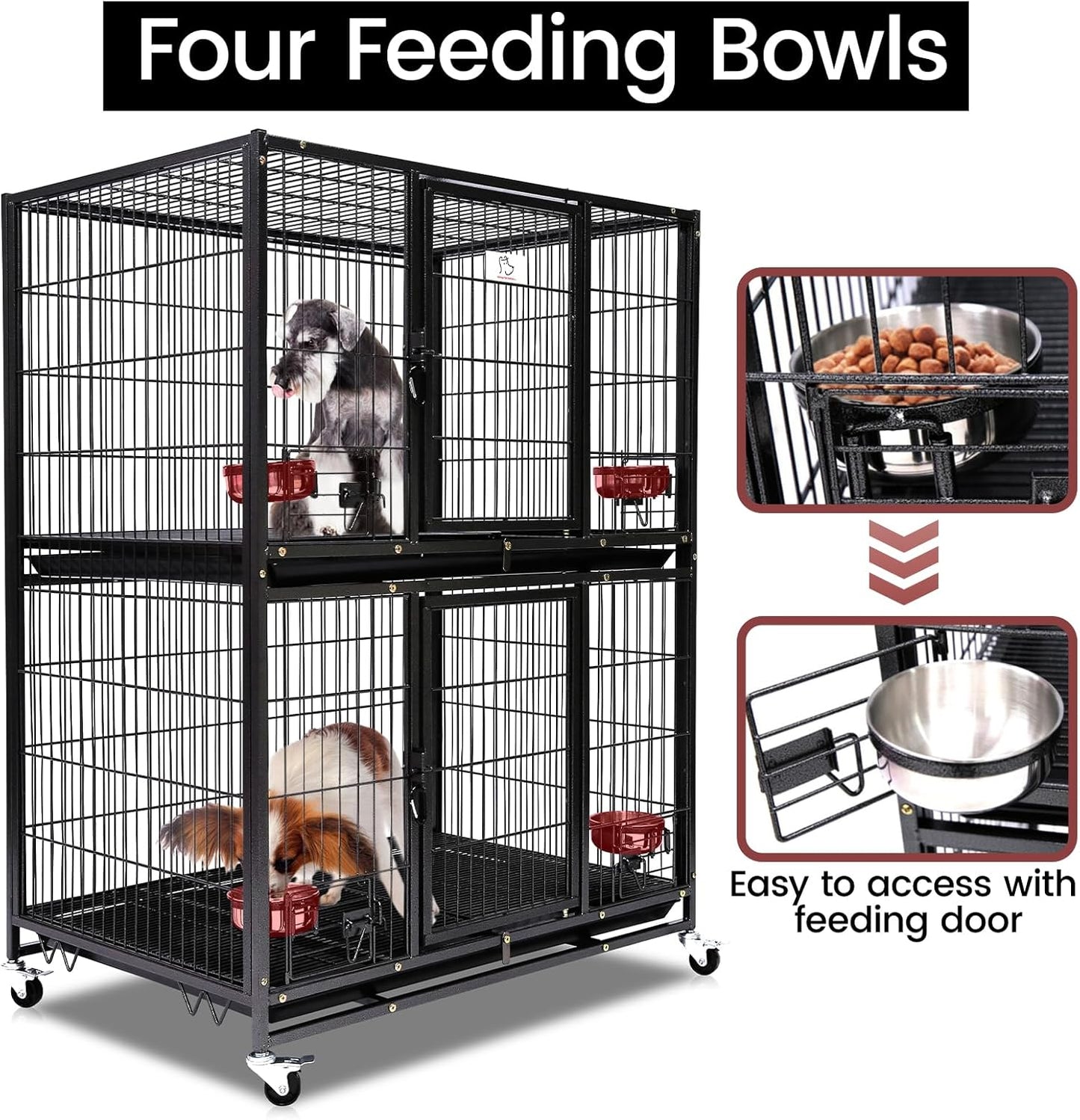 Homey Pet Two Tiers 37 Inch Dog Crate Cage Kennel with Feeding Door and Bowls, Lockable Wheels and Removable Tray, Escape Proof Metal Wire Heavy Duty Dog Crates for Medium/Small Sized Dogs (4 Pack)