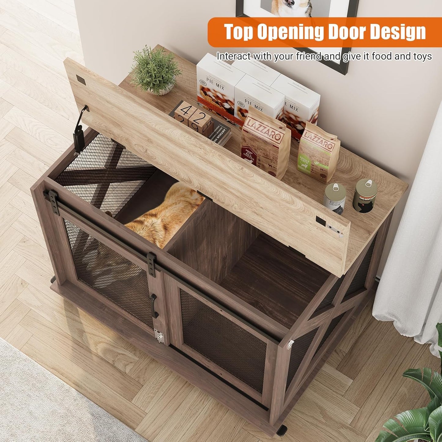 Dog Crate Furniture,37 Inch Indoor Dog Cage with Sliding Barn Door, Flip Top Dog Kennel End Table with Removable Divider, Farmhouse Wooden Pet House for Small to Middle Size Dogs