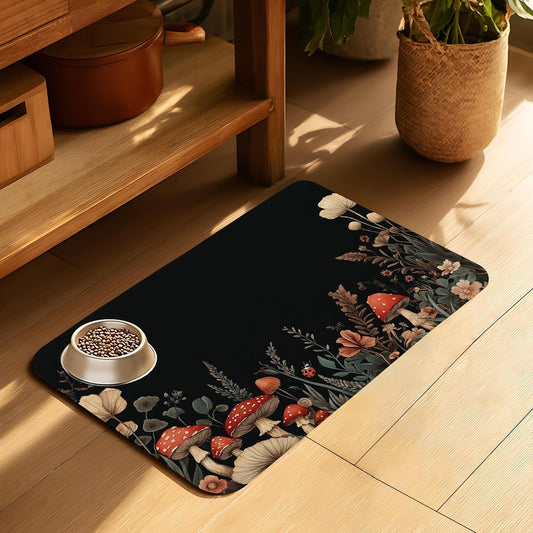 Vintage Mushroom Flower Pet Cat Dog Food Mat-Absorbent Quick Dry Feeding Placemat for Water and Food, No Stains Rubber Base Mat for Indoor Use, Pet Accessories 12"x20"