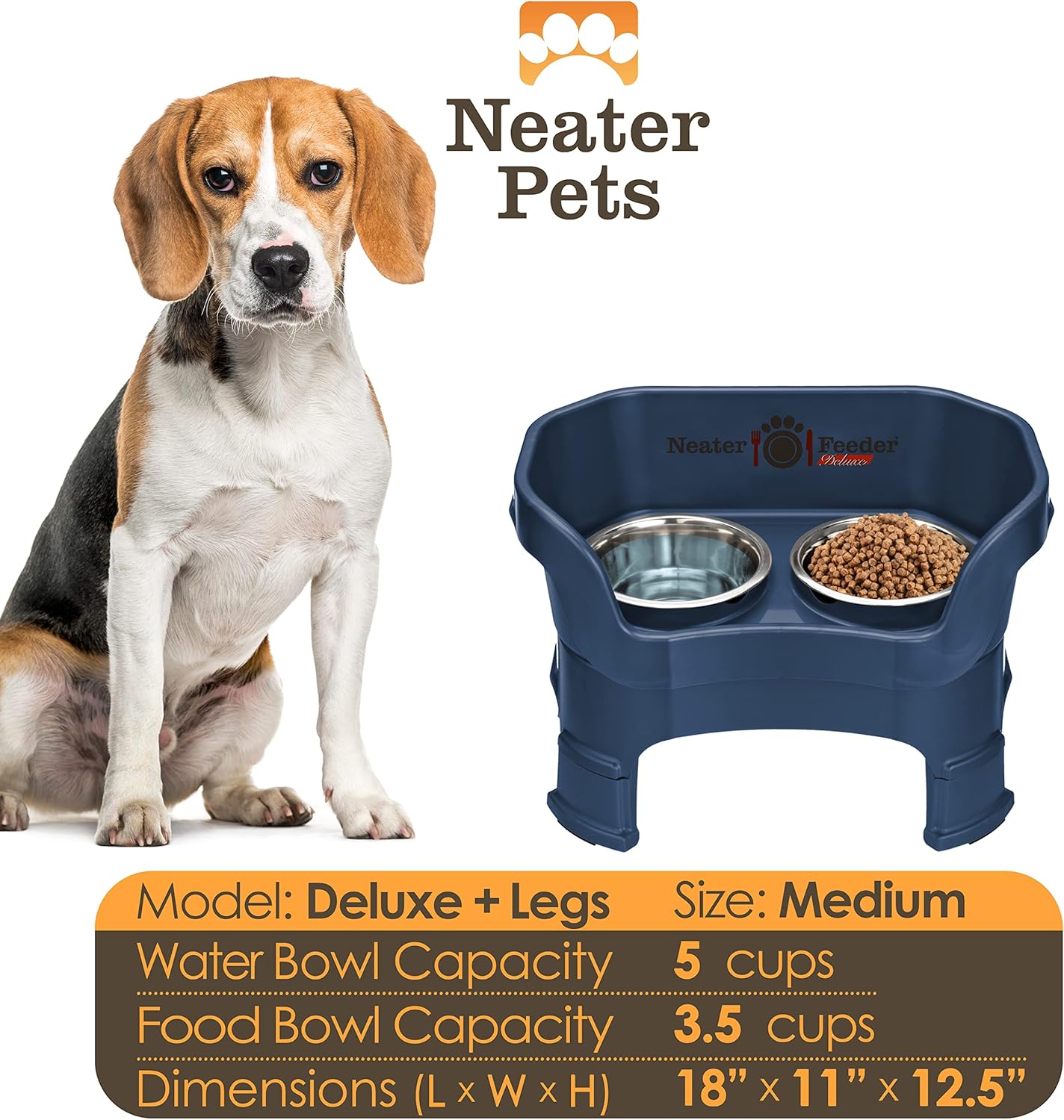 Neater Feeder Deluxe Mess Proof Dog Bowls Elevated Medium Sized Dogs (19-40 lbs) Made in USA, No Spill Raised Dog Food Bowl Stand w/Leg Extension, Stainless Steel Food and Water Bowl Set, Dark Blue