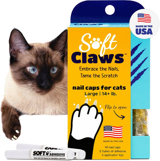Soft Claws Nail Caps for Cats Made in USA - 40 Cat Claw Caps for 4-6 Weeks of Protection - Long-Lasting Cat Scratch Deterrent for Furniture - Holiday (Silver & Gold Sparkle), Large