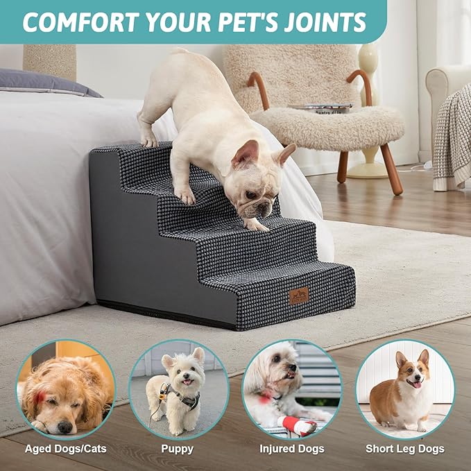 Dog Stairs for Small Dogs, 4 Tier Wider Pet Stairs for Couch and Beds, 17.7" H Non-Slip Dog Steps for Old Cats, Puppy, Small Medium Dogs, 17.7x23.6x17.7 inch, Dark Grey