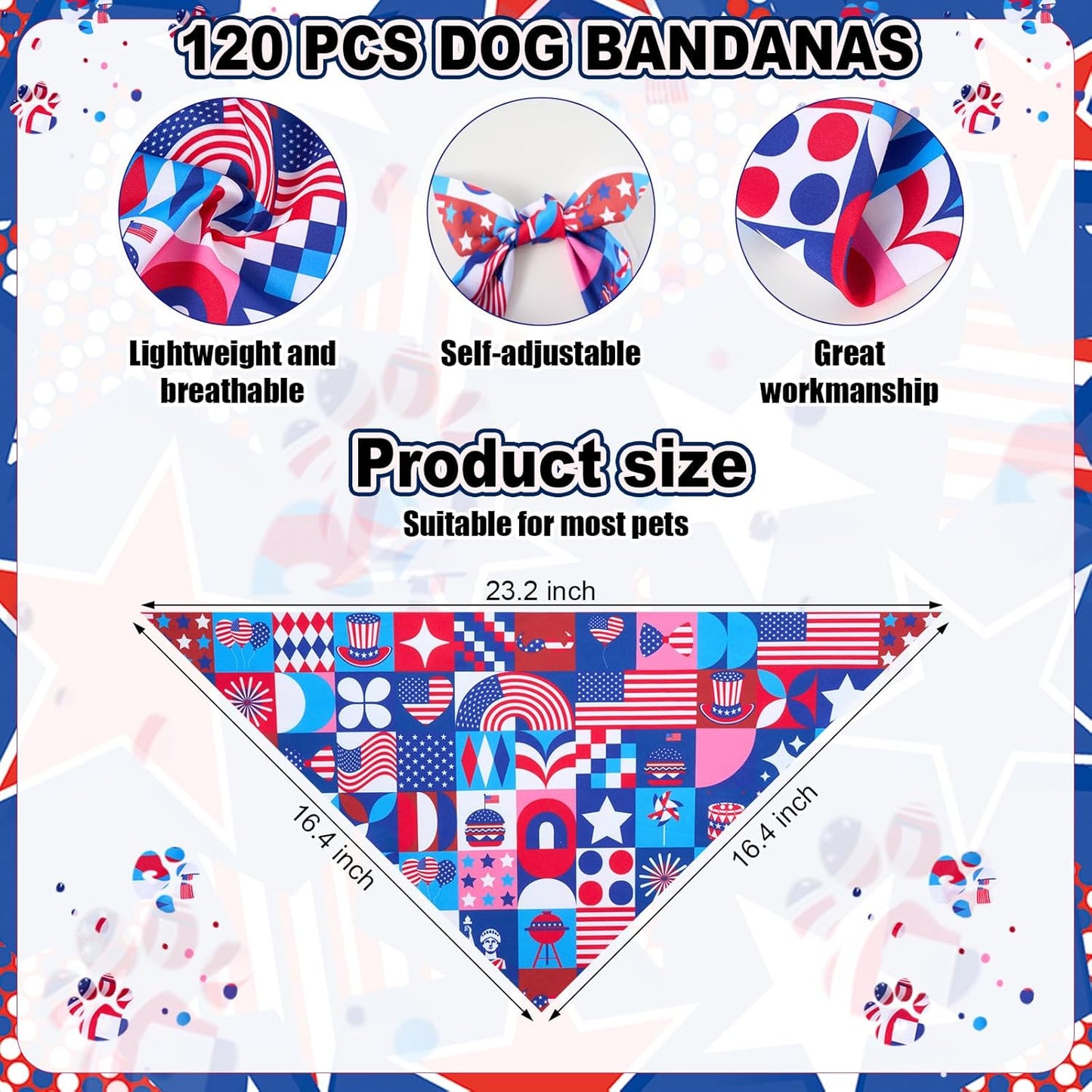 Sanwuta 120 Pcs 4th of July Bandanas for Dogs Patriotic Pet Scarves Adjustable Soft Cute Dog Triangle Scarfs for Medium Small Dogs Cats Large Puppy