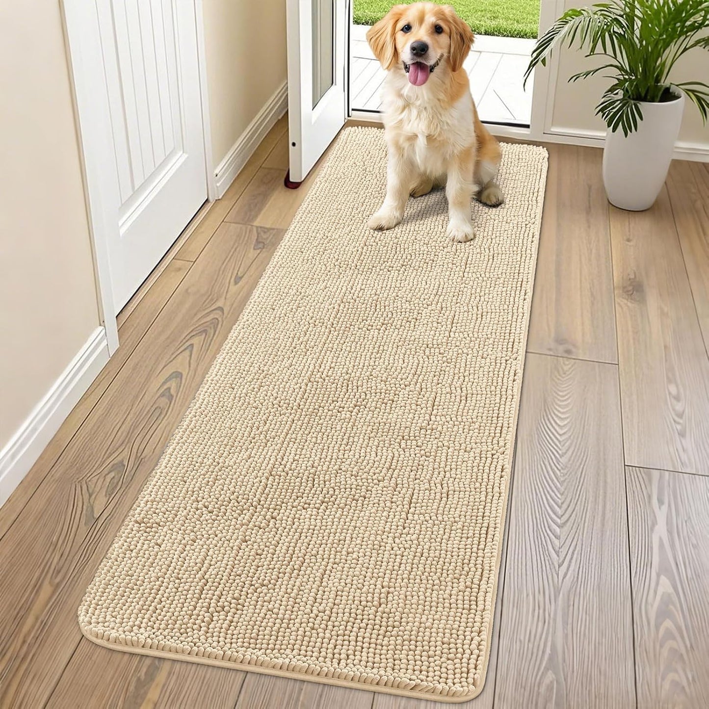 Smiry Dog Door Mat for Muddy Paws 70x24, Absorbs Moisture and Dirt Doormat, Non-Slip Washable Quick Dry Chenille Front Door Mat Indoor Entrance, Entryway Carpet for Inside Floor, Beige