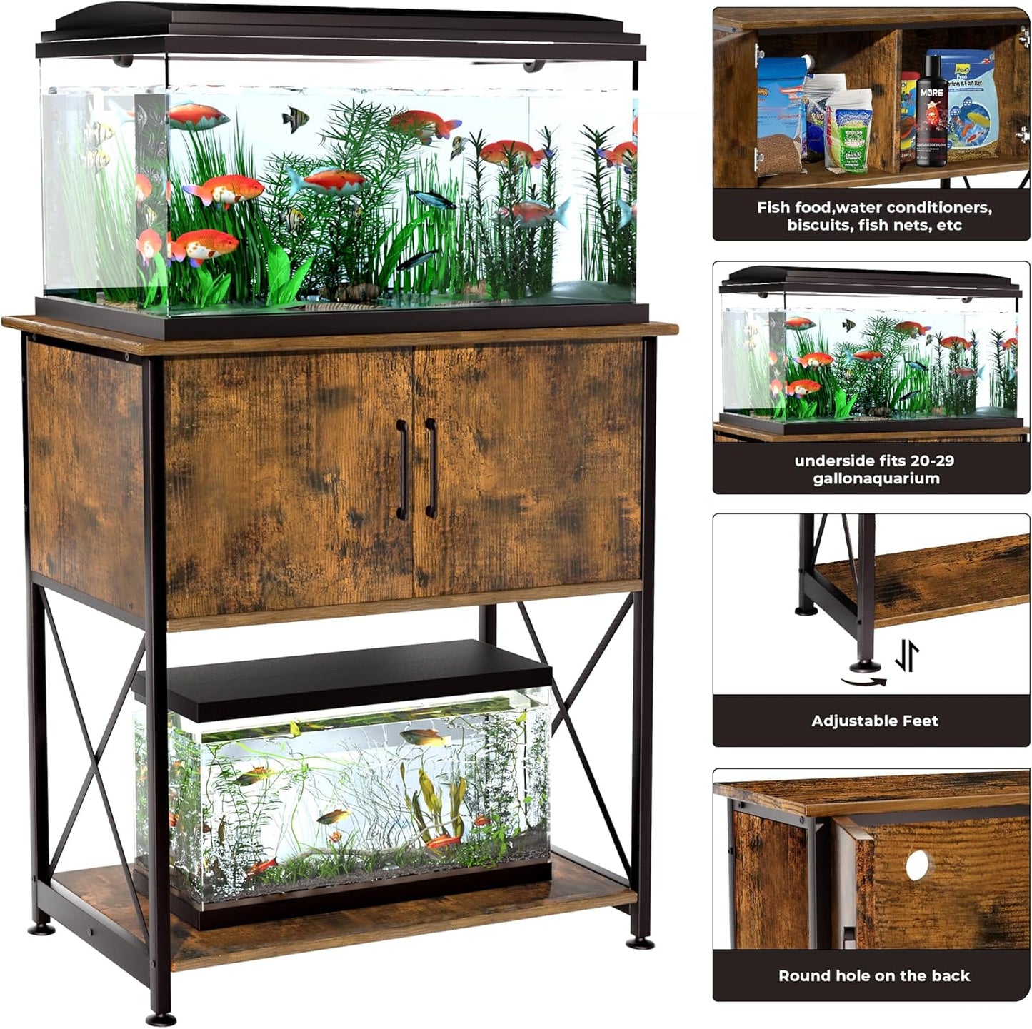 20-29 Gallon Aquarium Stand Metal Frame Fish Tank Stand with Cabinet Storage, for 20 Gallon Long Aquarium,30.7" L*16.5" W Tabletop,330LBS Capacity Rustic Brown and Black PG01YGN