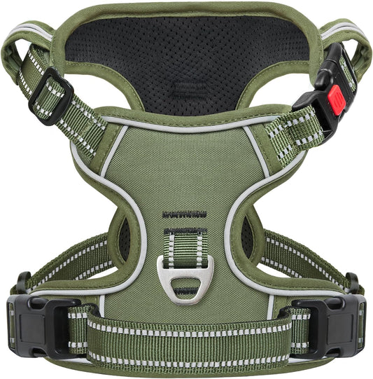 Timos Dog Harness Large Sized, No Pull Pet Harness with Neck Lockable Snap,No Choke Front Clip Dog Reflective Vest,Adjustable Metal Rings 3 Buckles,Easy Control Handle for Large Dogs Green XL