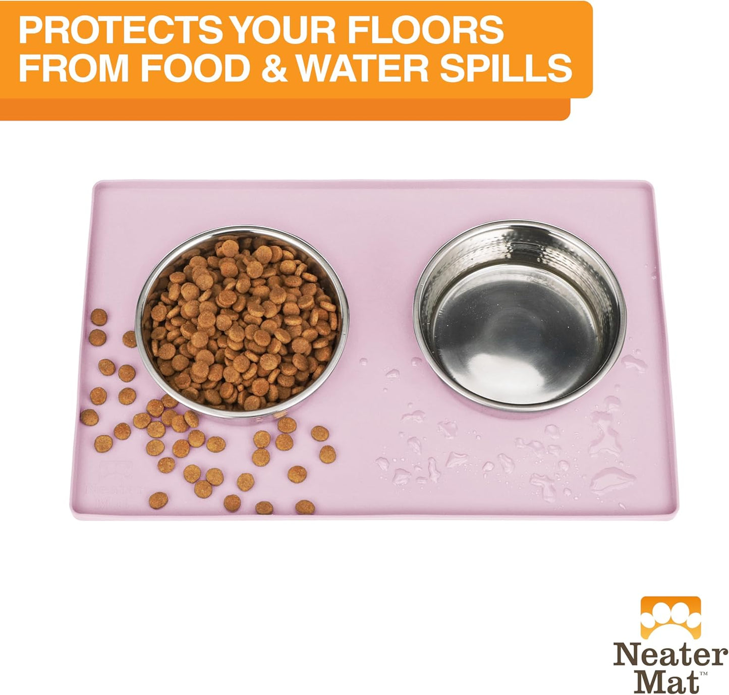 Neater Pet Brands Neater Mat Pet Mats for Food and Water, Cat & Dog Bowl Mat Waterproof Silicone, Feeding Tray, Dog Food Mats for Floors, Placemat w/Raised Edge for Under Bowls, 16” x 10”, Light Pink