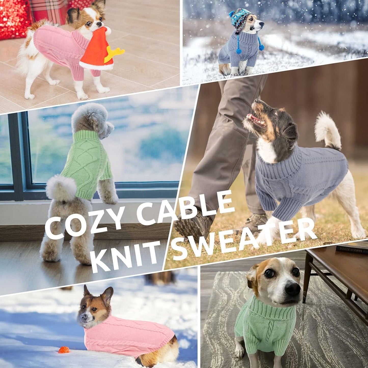 Queenmore Small Dog Pullover Sweater, Cold Weather Cable Knitwear, Classic Turtleneck Thick Warm Clothes for Chihuahua, Bulldog, Dachshund, Pug, Yorkie (Grey, Medium)
