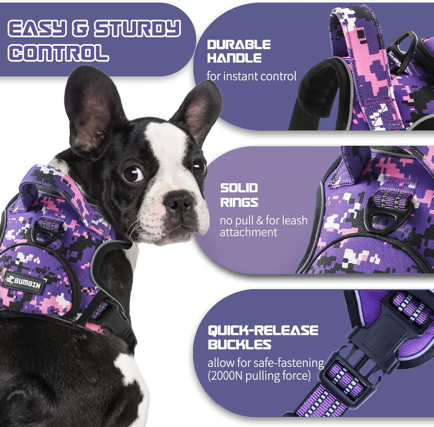 No Pull Dog Harness for Small Dogs, Adjustable No Choke Pet Vest with Dog Leash Fit Smart Reflective Pet Walking Harness for Training Easy Control Soft Handle Purple Camo S