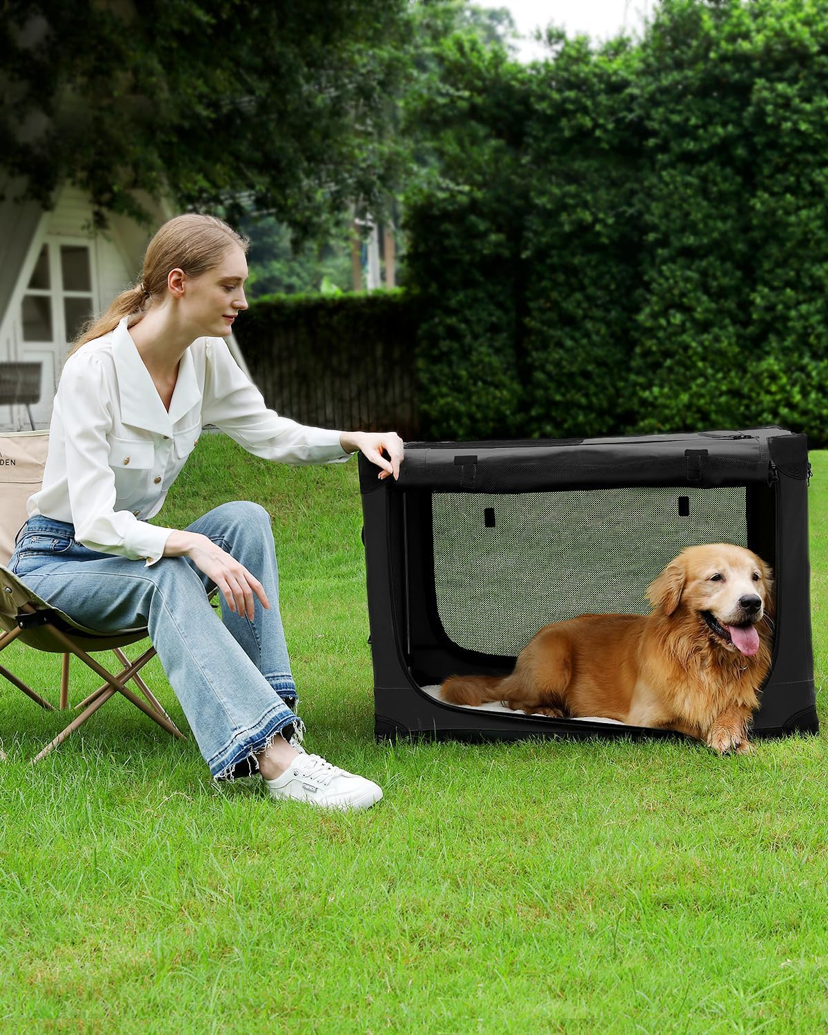 30 Inch Collapsible Travel Dog Crate for Medium Large Dogs, Portable Dog Crate 4-Door Foldable Soft Kennel with Durable Mesh Windows for Indoor & Outdoor Travel, with Storage Bag,Black