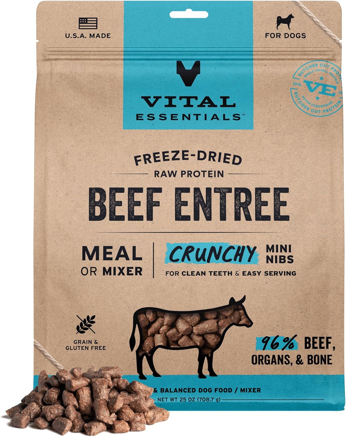 Vital Essentials Freeze-Dried Raw Beef Meal or Mixer Dog Food Crunchy Mini Nibs, 25 oz