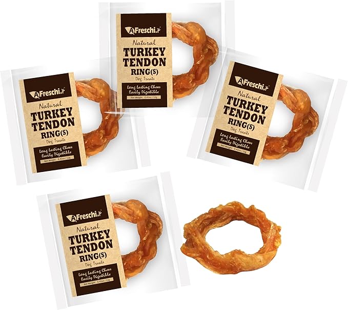Afreschi Turkey Tendon for Dogs, Dog Treats for Signature Series, All Natural Human Grade Puppy Chew, Ingredient Sourced from USA, Hypoallergenic, Rawhide alternative, 4 Units/Pack Ring (Small)