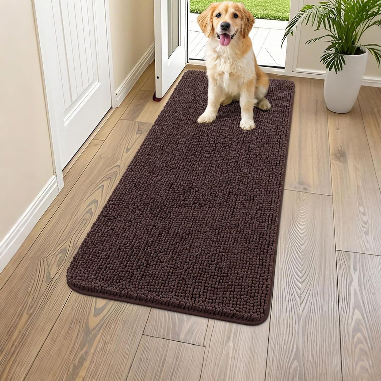 Smiry Dog Door Mat for Muddy Paws 47x24, Absorbs Moisture and Dirt Doormat, Non-Slip Washable Quick Dry Chenille Front Door Mat Indoor Entrance, Entryway Carpet for Inside Floor, Brown