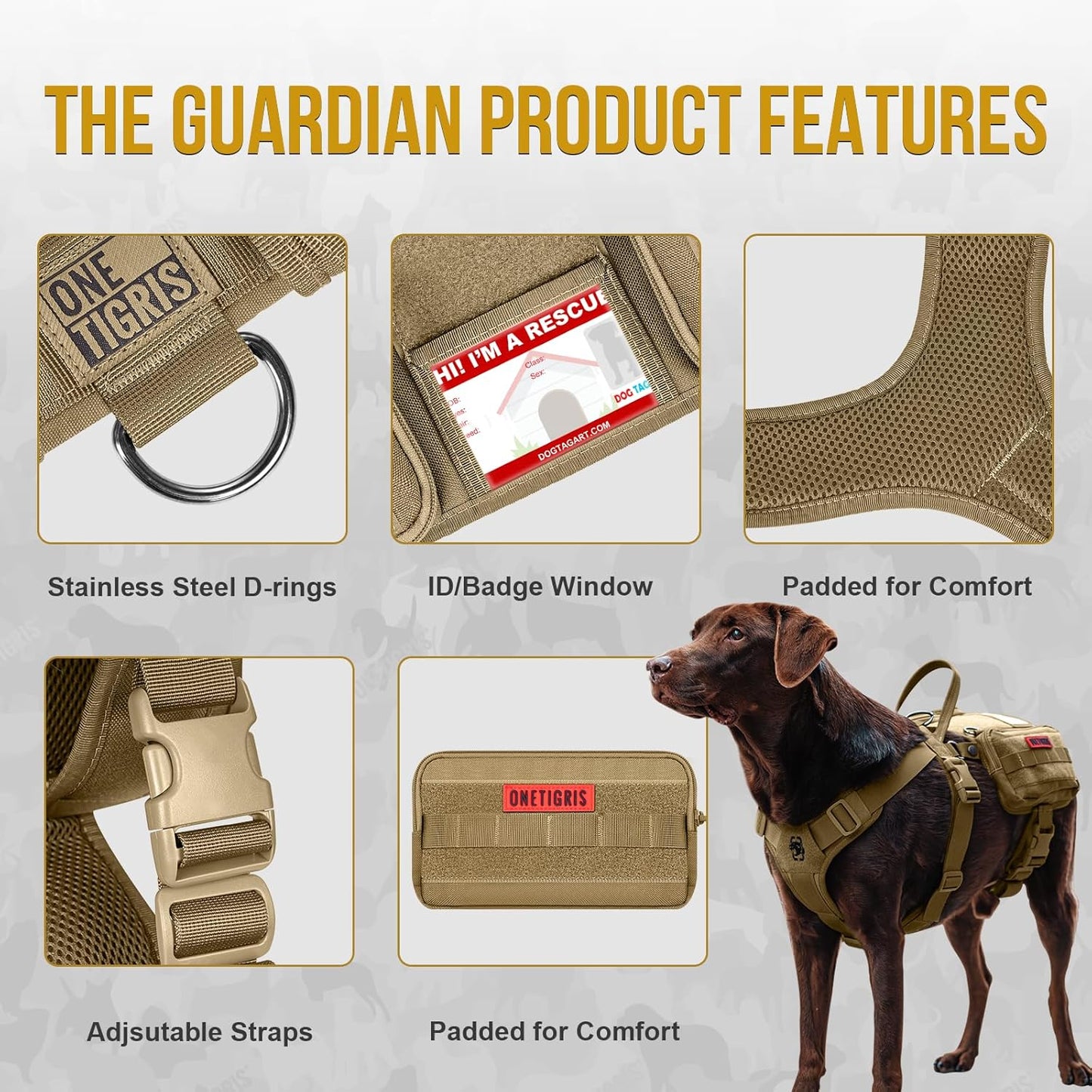 OneTigris Service Dog Vest Harness, Service Dog Cape Guardian Dog Backpack Harness with Pouches Dog Saddle Bag for Small Medium and Large Dogs (Brown, Small)