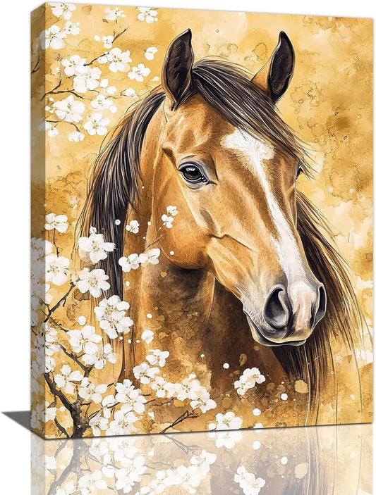 Horse Wall Art Canvas Rustic Horse Wall Decor Prints Framed Painting Farmhouse Flower Pictures Gifts Artwork for Bathroom Living Dining 12"x16"