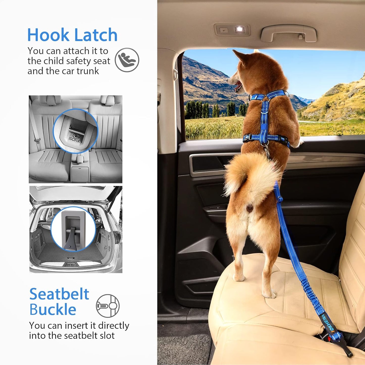 IOKHEIRA Dog Seatbelt - Adjustable Reflective Bungee Car Seatbelt with Aluminum Swivel Carabiner