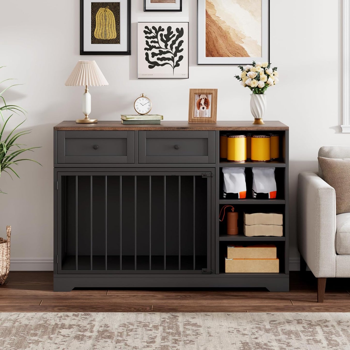 Dog Crate Furniture 47", Large Dog Crate TV Stand with 2 Drawers and 4 Shelves, Wooden Dog Kennel Indoor, Decorative Dog Cage with Storage for Large Dogs, Black
