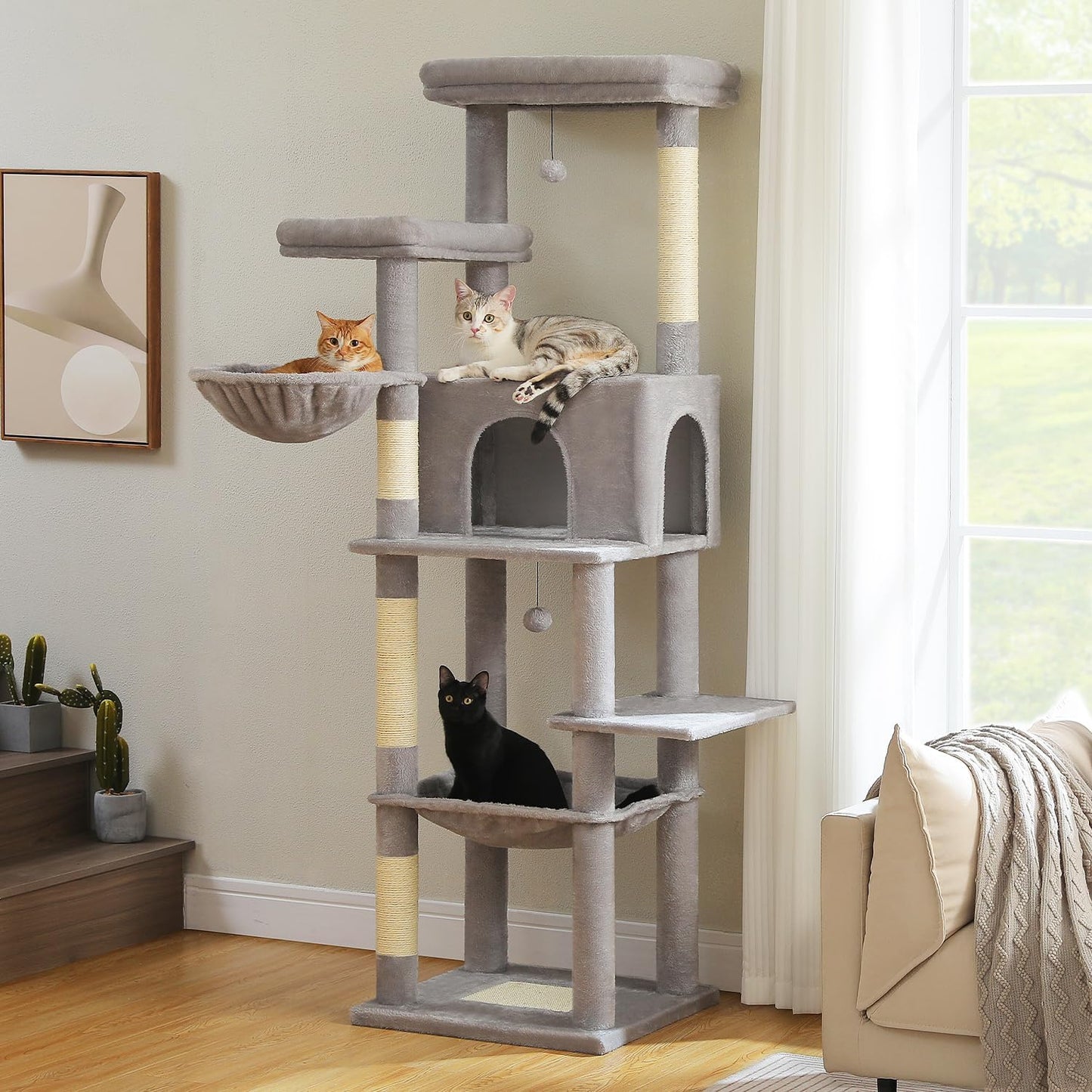 PAWZ Road Tall Cat Tree, 73 Inches Large Cat Tower with Large Padded Perch,2 Spacious Hammocks,8 Long Scratching Posts, XL Plush Cat Condo for Indoor Adult Cats,Gray