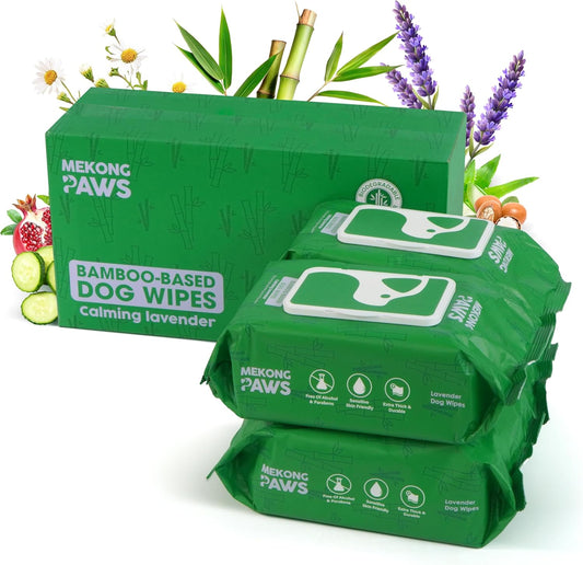 Pet Grooming Wipes - Natural & Organic Bamboo Base - Calming Lavender Scented - Freshening Dog Cat - Gentle on Sensitive Skin - Thick & Durable for Paw Coat & Bum Cleansing - 400 Count