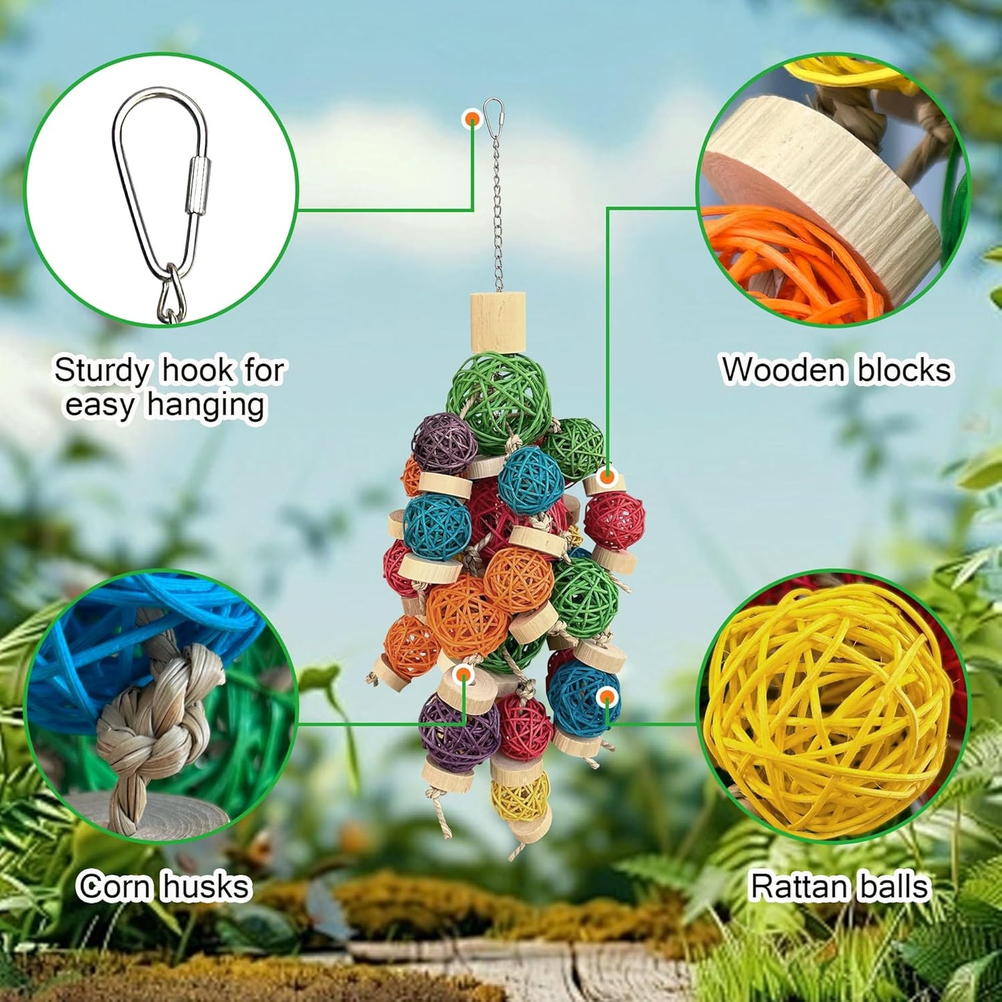 LUCKITTY 22" Bird Toys for Large Parrots - Natural Wood, Rattan Ball & Corn Cob Chewing Toys with Edible Colors | Safe for Macaw, Cockatoo, Conures | Cage Hanging Enrichment Accessories