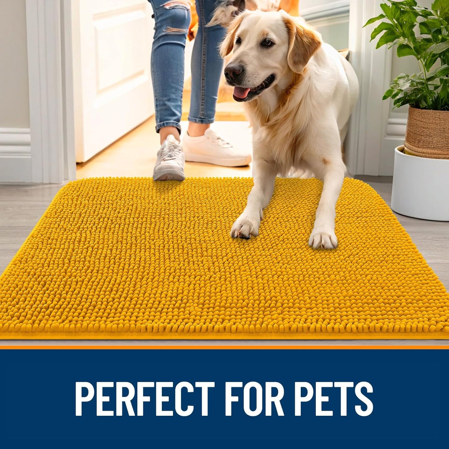 OLANLY Dog Door Mat for Muddy Paws 24x16, Absorbs Moisture and Dirt, Absorbent Non-Slip Washable Doormat, Quick Dry Chenille Mud Mat, Entry Indoor Entryway Carpet for Inside Floor, Golden Yellow