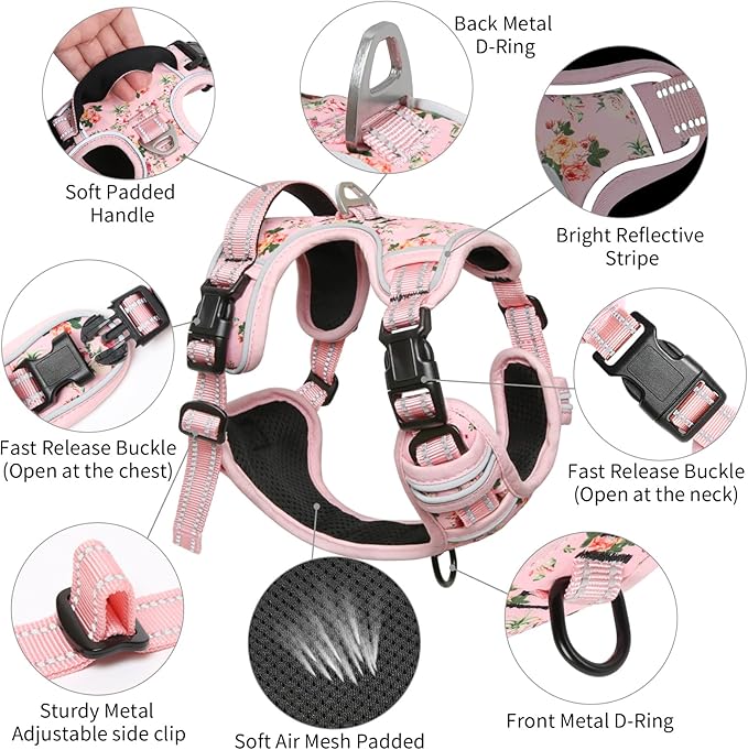 Timos Dog Harness, No-Pull Pet Harness with 2 Leash Clips, Adjustable Soft Padded Dog Vest, Reflective Outdoor Pet Oxford Vest with Easy Control Handle Pink XS