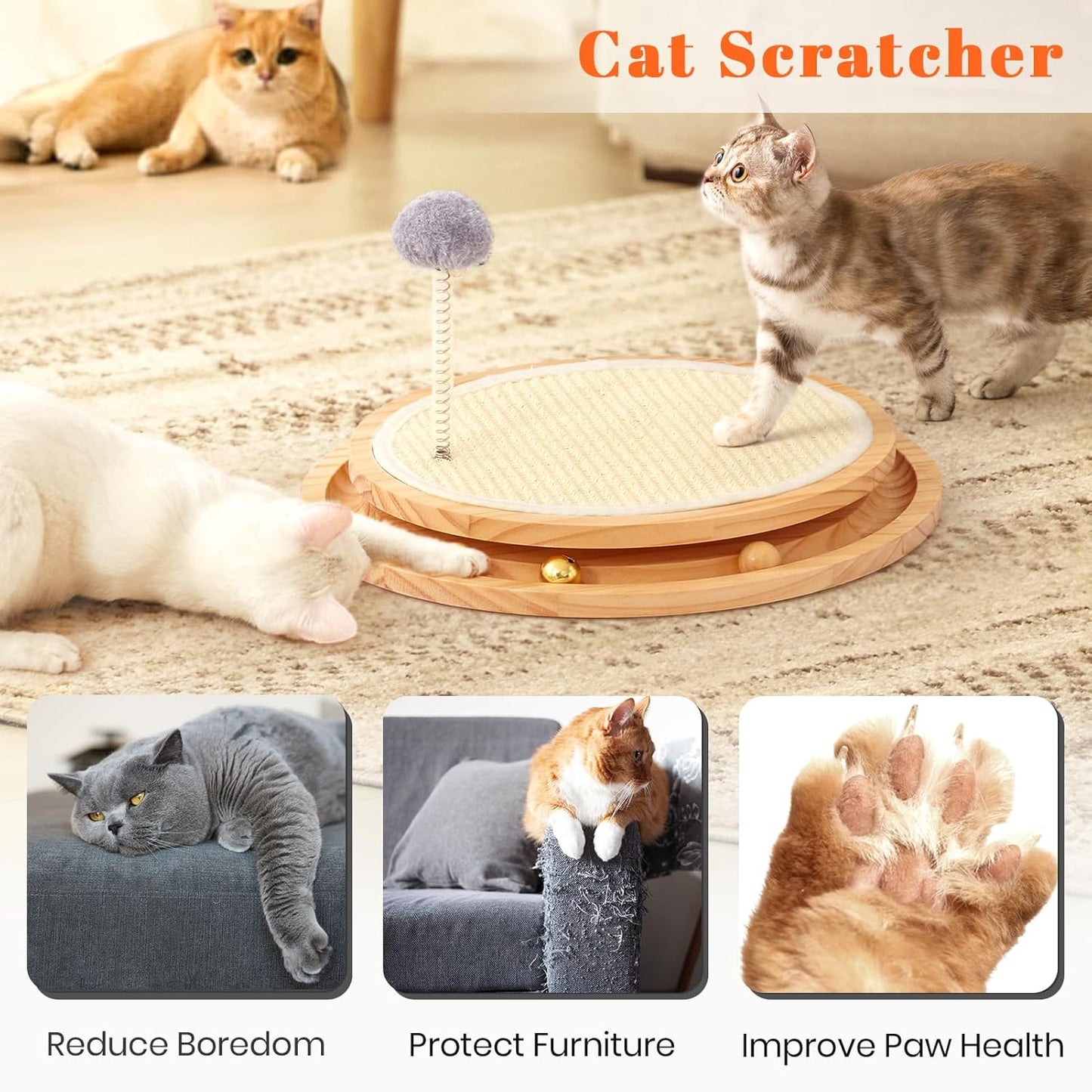 Cat Scratcher, Cat Natural Sisal Scratching Pad, Kitten Interactive Toy with Ball Track Spring Ball for Chasing Hunting Mental Physical Exercise Puzzle