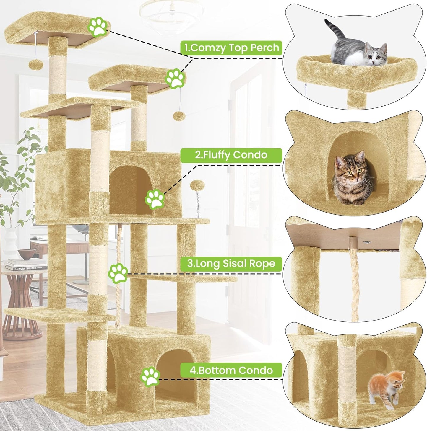 69in Large Cat Tree Tower for Indoor Cats with Soft Plush Hang Ball, Two Condos, Sisal Scratch Posts & Rope Play for Kittens/Adult Cats, Beige