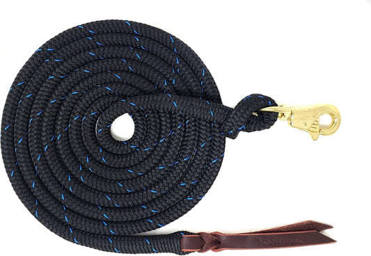 Premium 1/2" Samson Eq Braid Yacht Natural Horse Training Lead Rope with Brass Trigger Bull Snap (12ft Black with Blue)