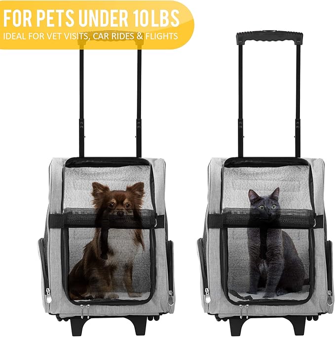 KOPEKS Deluxe Backpack Pet Travel Carrier with Double Wheels for Pets up to 10 Pounds - Black - Approved by Most Airlines