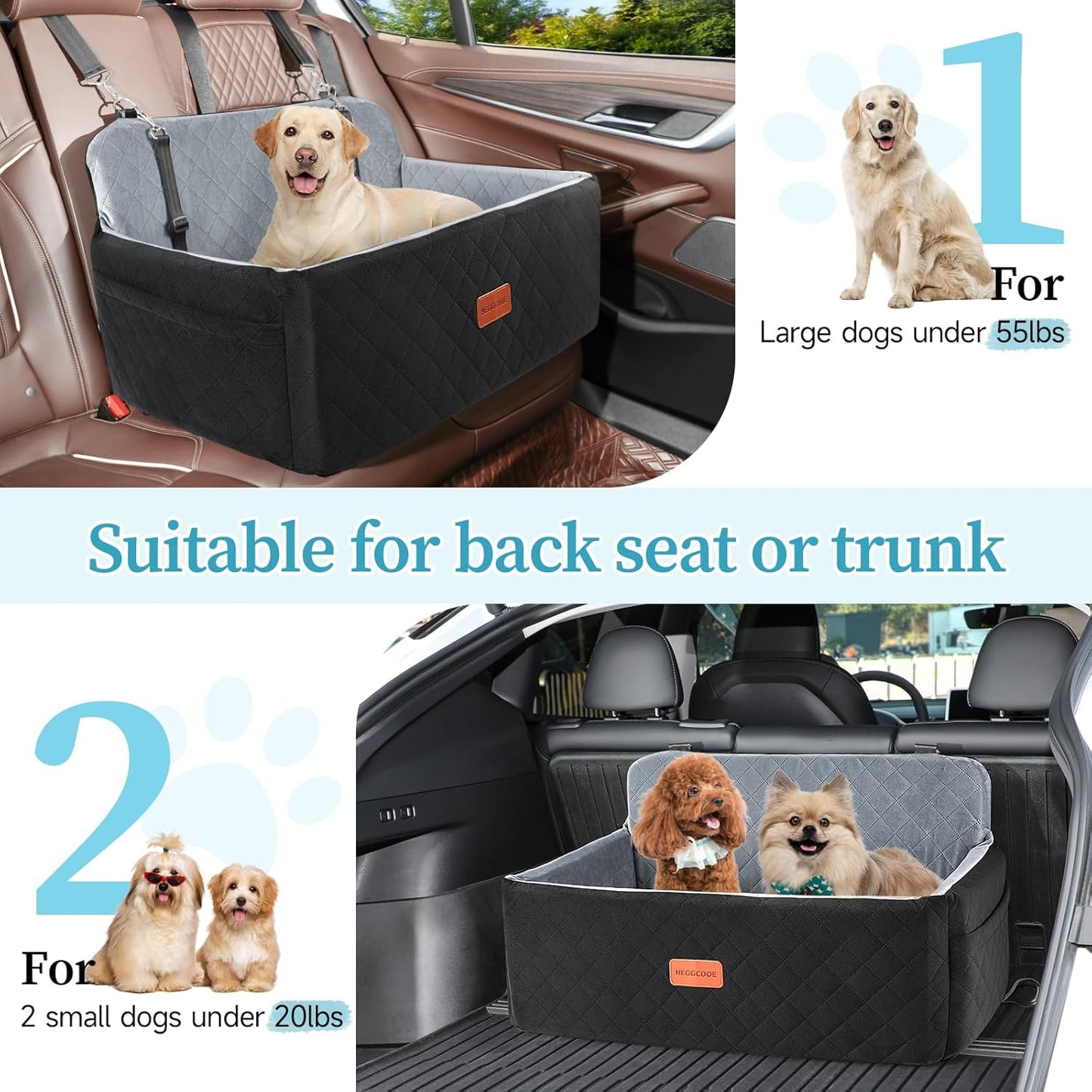 Dog Car Seat for Medium/Large Dogs, Pet Booster Seat for Under 55 lbs or 2 Small Dogs, Detachable & Washable Dog Car Bed for Backseat with 2 Safety Leashes (Black/Grey)