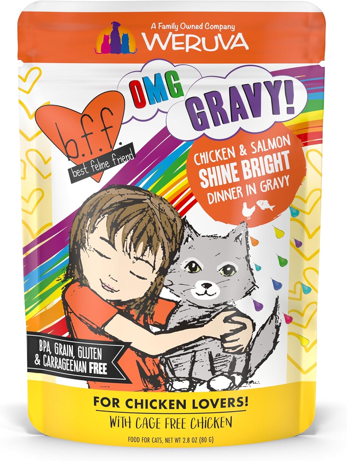 Weruva B.F.F. OMG - Best Feline Friend Oh My Gravy!, Chicken & Salmon Shine Bright with Chicken & Salmon in Gravy, 2.8oz Pouch (Pack of 12)