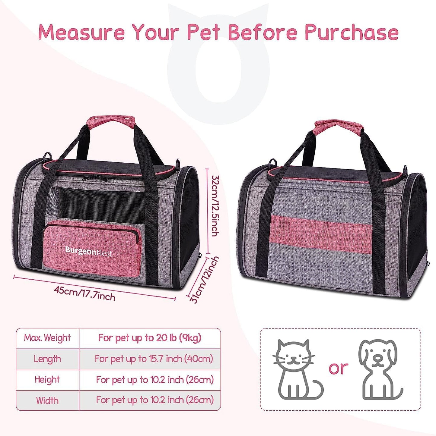 BurgeonNest Cat Carriers for Medium Puppy Under 25 lbs, Pet Carrier for Cats with Unique Side Bag,Top Load Small Pet Bag Soft-Sided Escape Proof with 4 Ventilated Windows