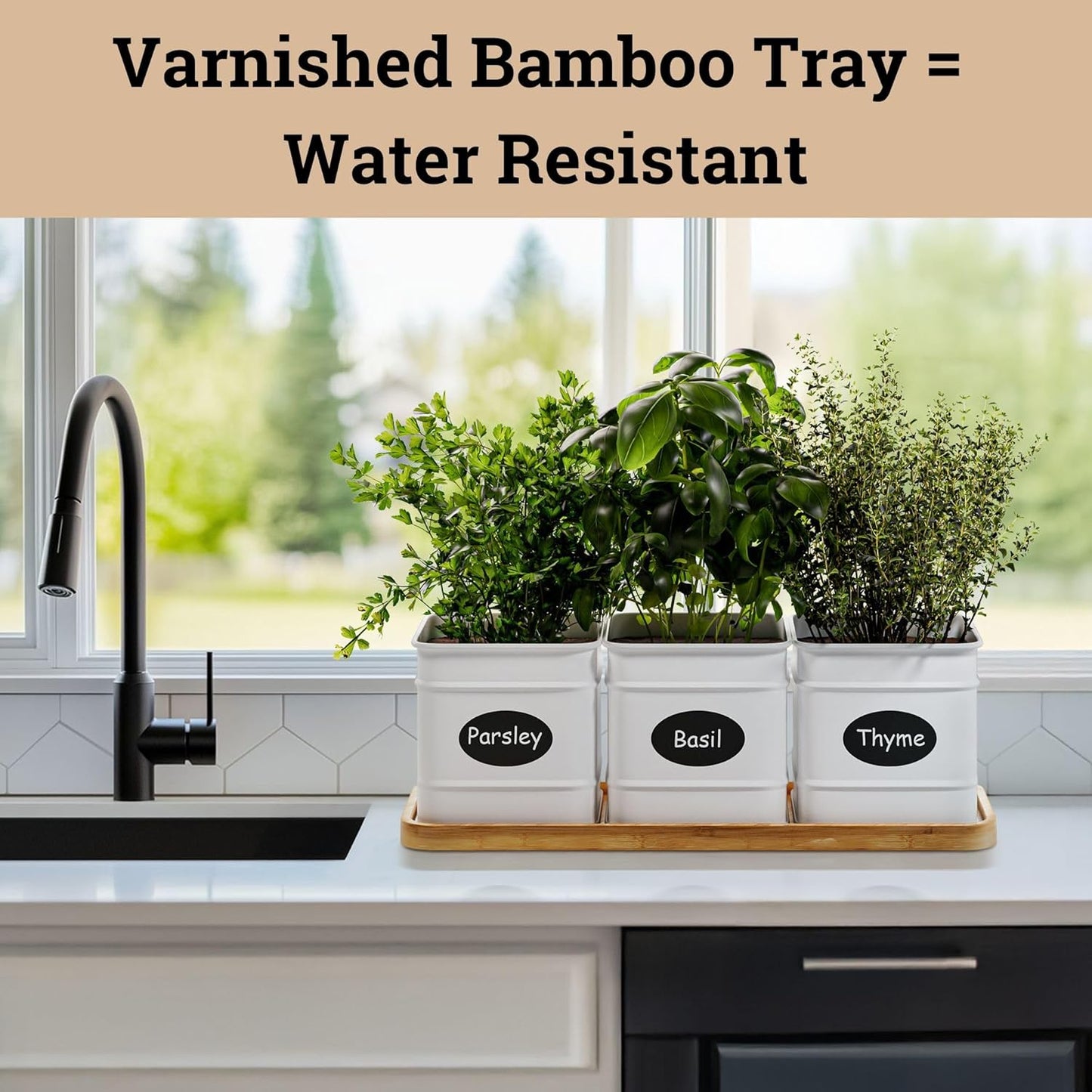 Herb Planter Indoor - 3 Iron Herb Pots with Drainage Holes, Varnished Bamboo Tray, Customizable Labels & Marker Pen - Indoor Herb Garden Planter - 3 Pots for Herbs - Inside Spice Garden - Basil Pot