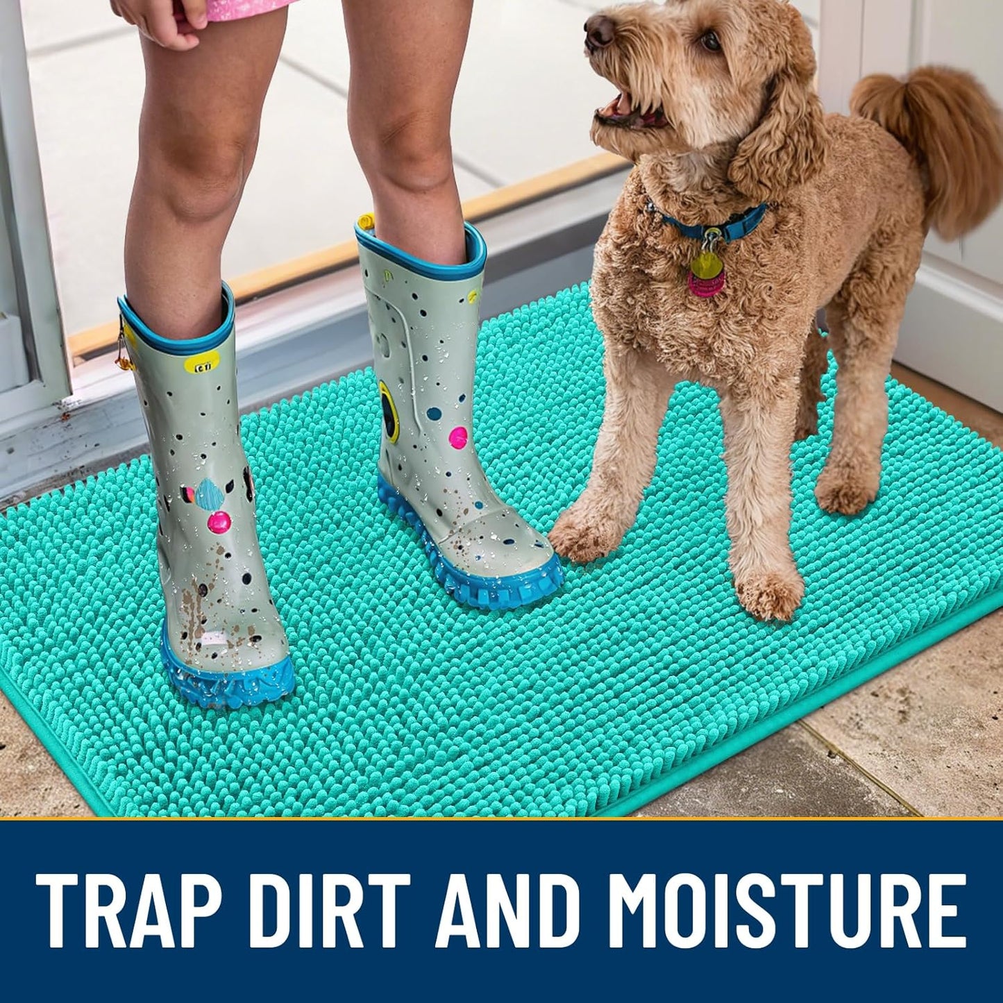 Smiry Dog Door Mat for Muddy Paws 36x24, Absorbs Moisture and Dirt Doormat, Non-Slip Washable Quick Dry Chenille Front Door Mat Indoor Entrance, Entryway Carpet for Inside Floor, Teal