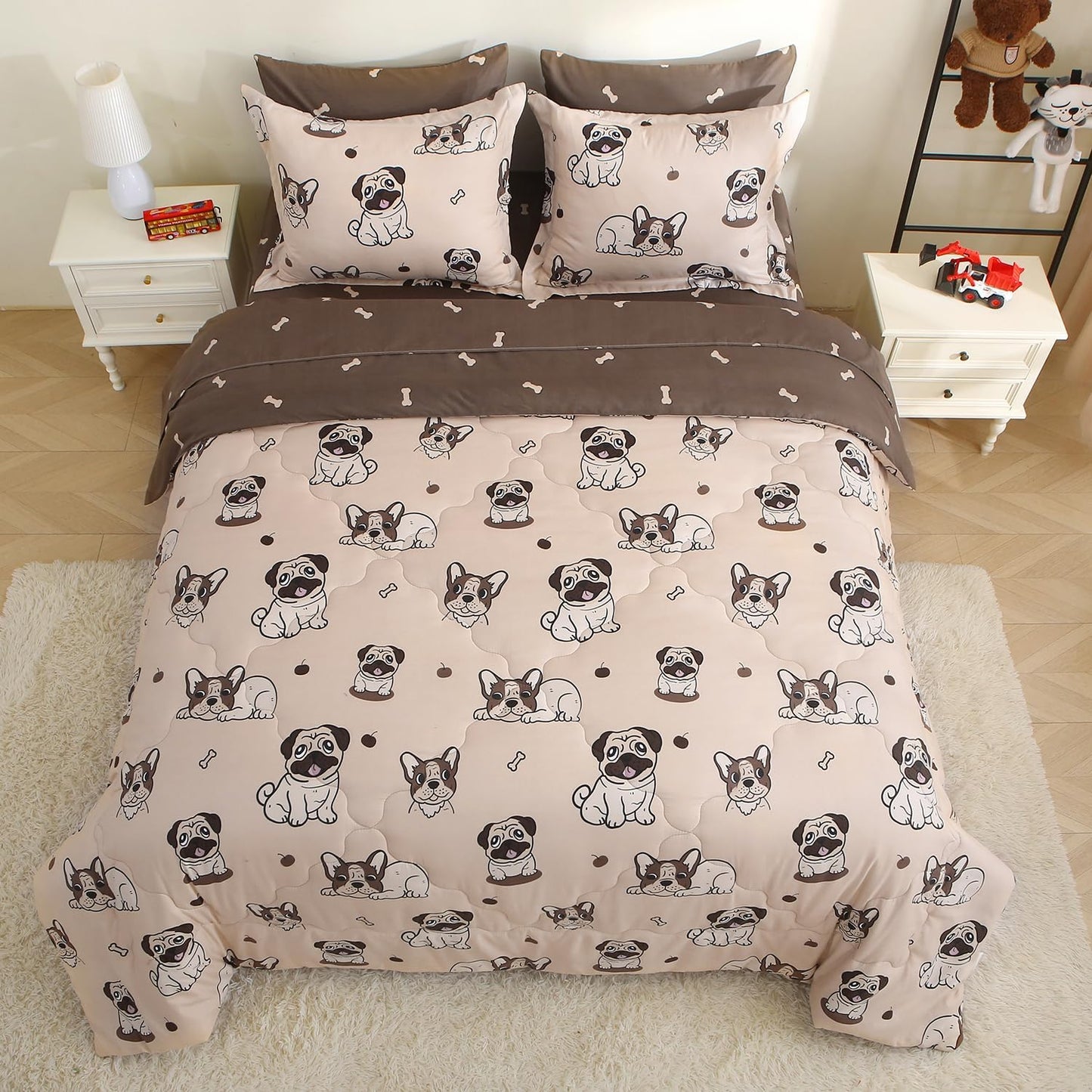 Kids Comforter Set 7 Piece Bedding Cute Dog Cartoon Animal Bed Microfiber Comforter Twin Size All Season (1 Comforter, 1 Flat Sheet, 1 Fitted Sheet, 4 Pillowcase)