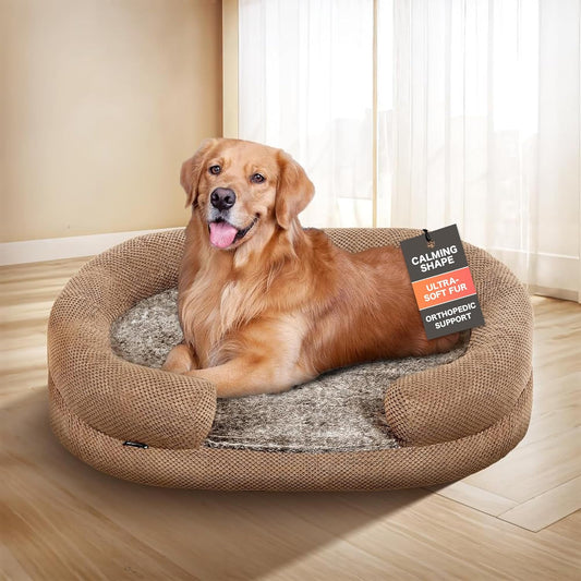 Orthopedic Dog Bed for Large Dogs, Removable Washable Cover, Memory Foam Indestructible Pet Couch for Big Dogs, Sturdy and Cozy Round Bed with Bolstered Sides, Durable Crate Bed, Camel