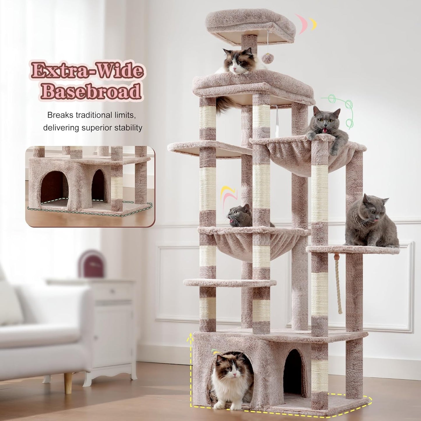 Heybly Heavy Duty Cat Tree, 71-Inch Tall Tower for Large Maine Coon with Extra-Large Baseboard, Cat Condo Furniture with Multi-Level Platforms, 2 Hammocks and 12 Scratching Posts, Muchroom HCT037MU