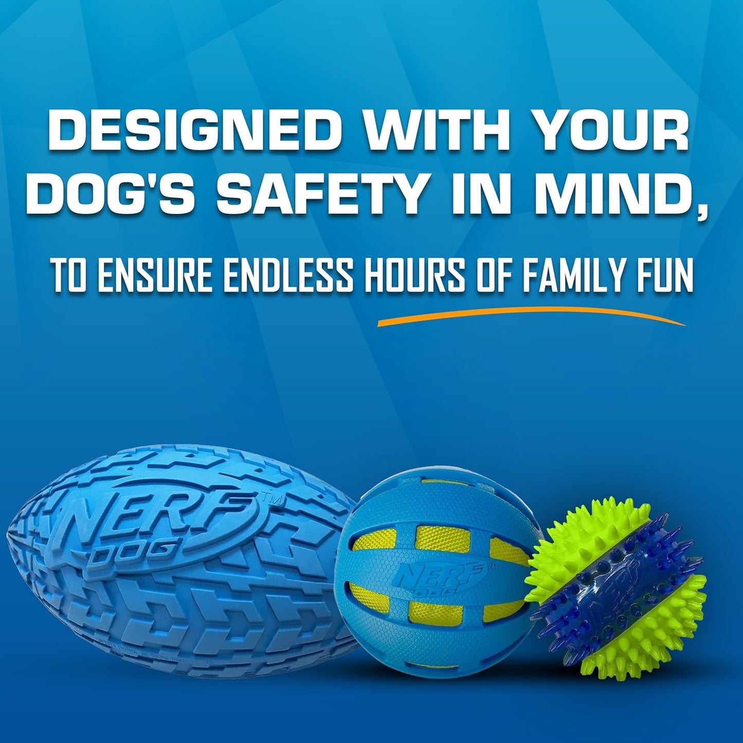 Nerf Dog Toy Gift Set, 3-Piece Set of Outdoor Dog Toys for Fetch, Includes Checker Crunch Ball, Spike LED Squeak Ball and Tire Squeak Football