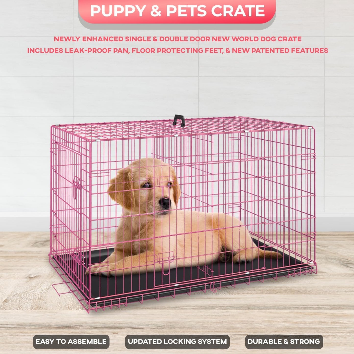 FDW Dog Crate for Small Dogs 24 Inch Folding Metal WirePet Cage Double Door W/Divider Panel Indoor Outdoor Kennel Leak-Proof Plastic Tray,Pink