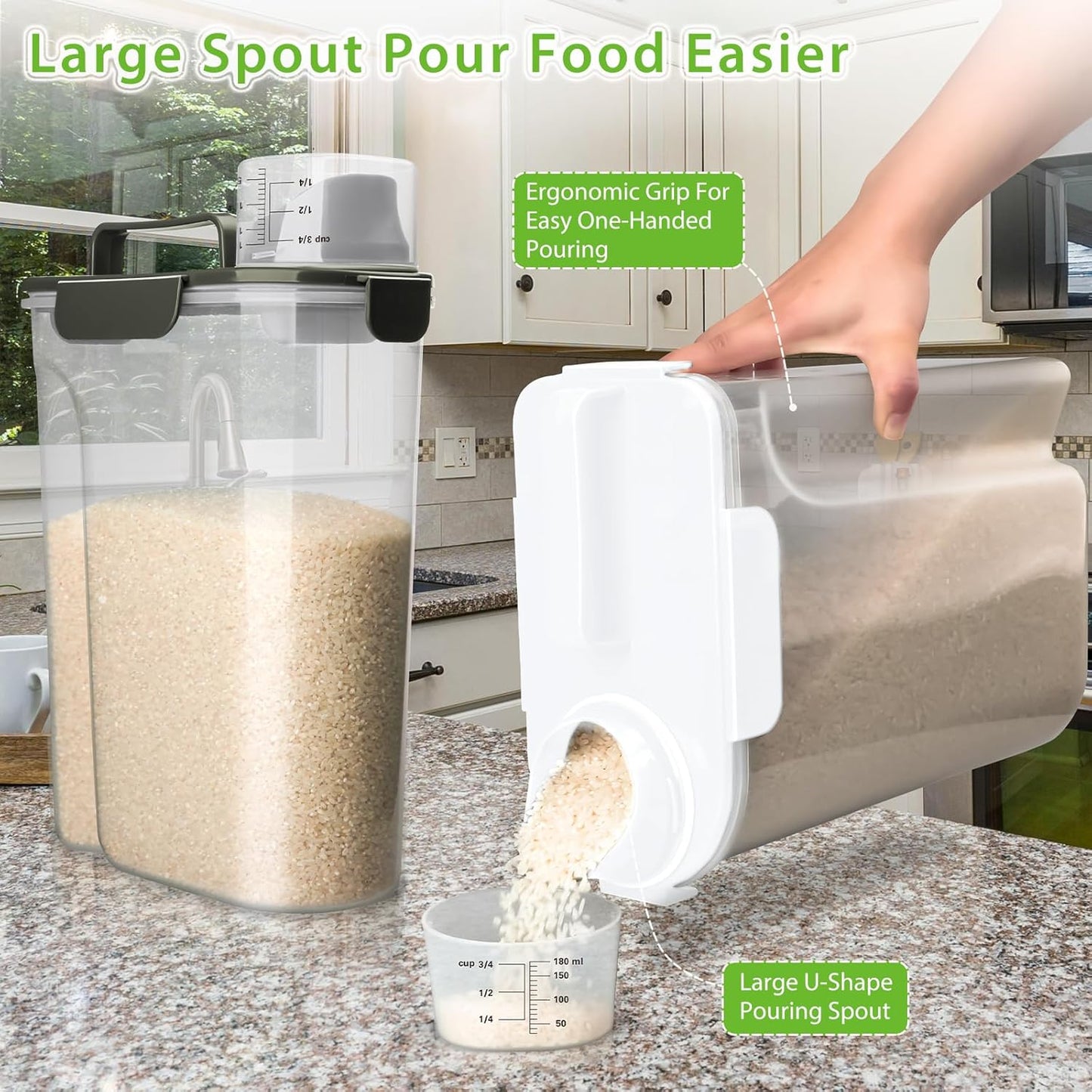 Rice Storage Container, 5 to 10lb Dry Food Airtight Dispenser, Pet Dog Cat Food Canister, BPA Free Clear Plastic Kitchen and Pantry Bin for Oatmeal, Cereal, Pasta, Flour Pack of 2 Grey