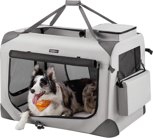 Feandrea 36 Inches Collapsible Soft Dog Crate, Portable Travel Dog Crate for Indoor and Outdoor Use, Dog Carrier Kennel with Safety Zippers, for Living Room, Car, Travelling, Smoke Gray UPDC090G02