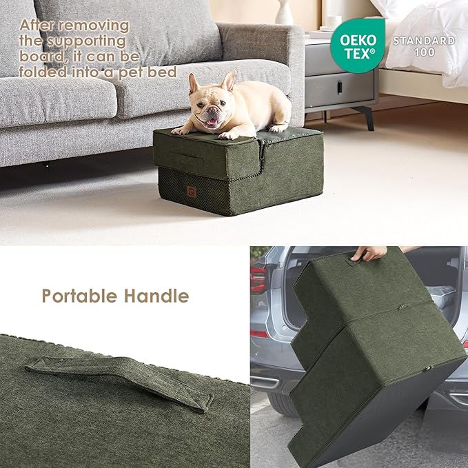 EHEYCIGA Dog Stairs for Small Dogs 13.5" H, 3-Step Dog Steps for Couch Sofa and Chair, Pet Steps for Medium Cats, Non-Slip Balanced Pet Ramp Indoor, Olive Green